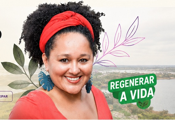 Maria Cleudes sorrindo, com elementos visuais da campanha